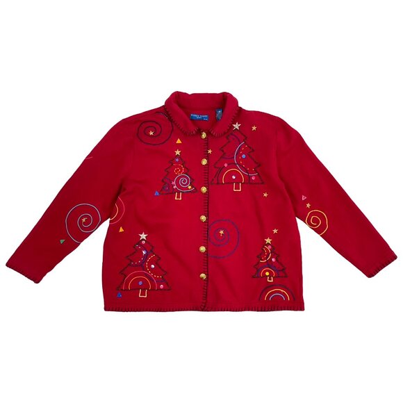 Vintage Holiday Cotton Jacket Button Front Christmas Tree Embellished Size P XL - Picture 1 of 5